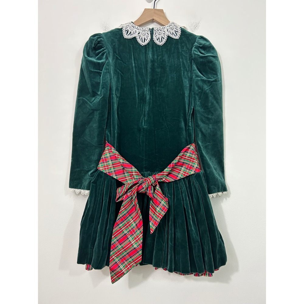 VTG Raul Blanco Girls Dress Victorian Cottagecore Green Velvet Lace Sash Size 10 - Picture 2 of 15